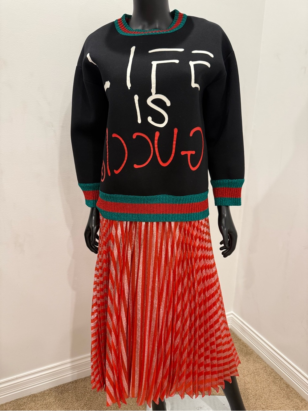 Gucci Life Is Gucci Metallic Pleated Midi Dress IT 42 Never Worn New
